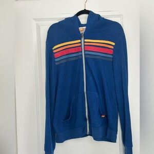 Aviator Nation 🌈 Blue Hoodie with Multicolor Stripes